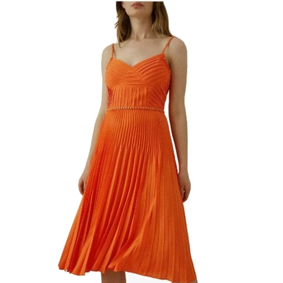 $500.00 Karen Millen Pleated Orange Dress 2, 4, 6 - Picture 2 of 4